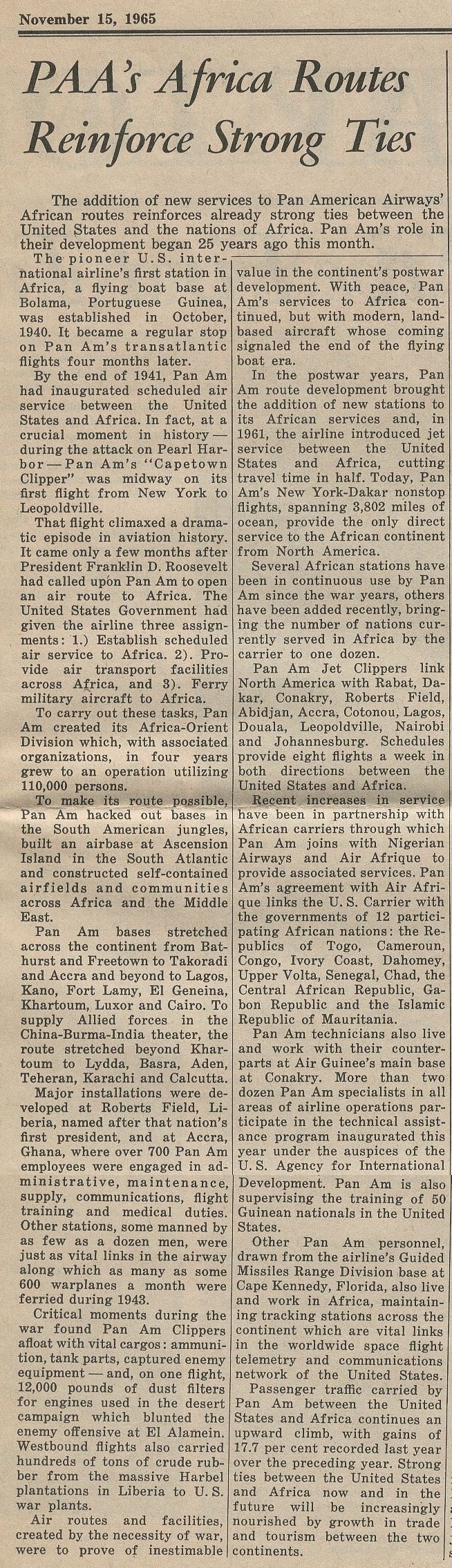 1965, November 15, Article on Pan Am Africa Service.